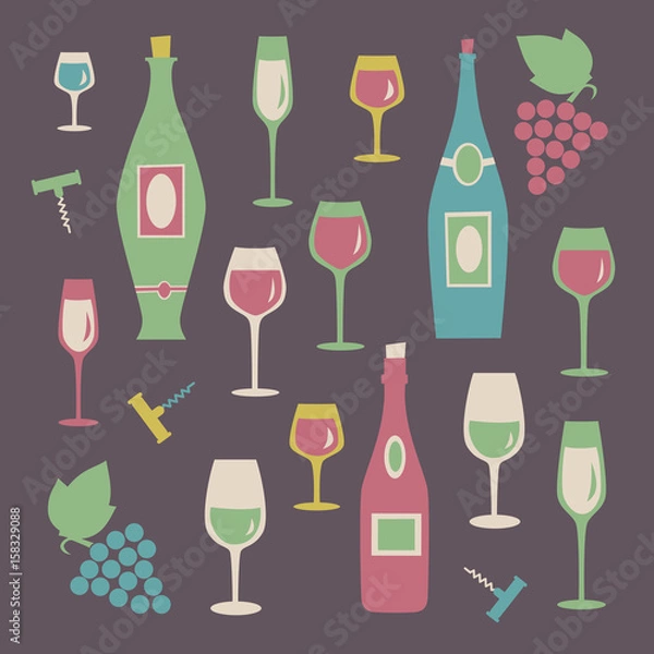 Fototapeta Set of colorful wine glasses and bottles.  Vector illustration.