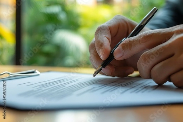 Fototapeta Car rental service concept, close-up view of a hand of an agent giving a car key to a customer after the rental contract has been signed, Generative AI