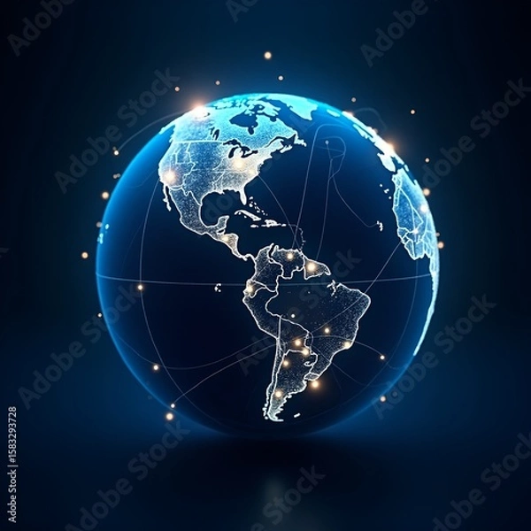 Fototapeta Earth globe on blue and black backgrounds showing continents and global communication concept