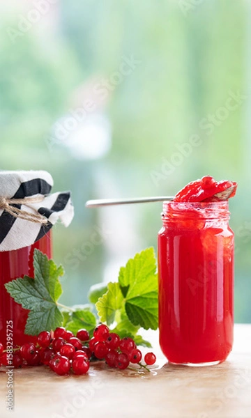 Obraz Fresh homemade red currant jam in jar with currants and green leaves on wooden table against light bokeh background. Vertical close-up with space for text.