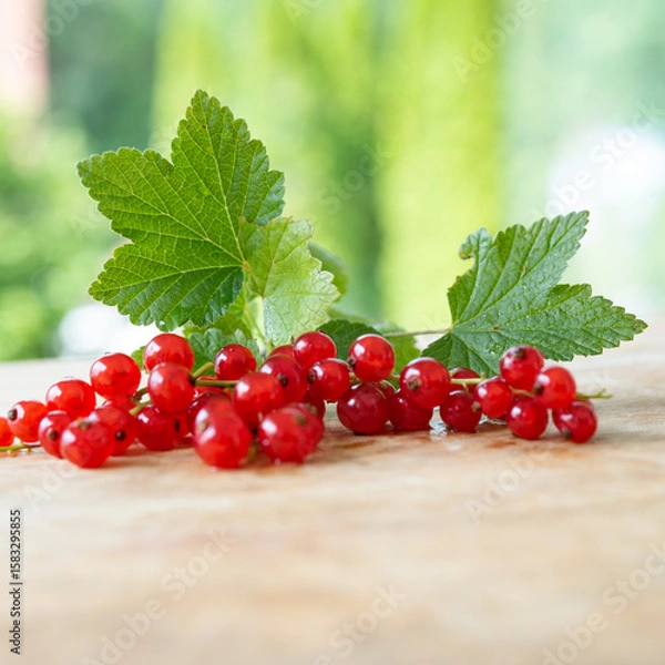 Obraz Bunch of ripe red currants with green leaves on wooden table against  light background. Close-up of seasonal healthy fruits. Space for text.