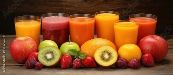 Fototapeta Vibrant assortment of fruit juices and fresh ingredients showcasing natural healthy beverages