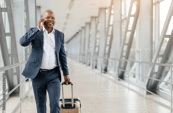 Fototapeta Black business traveler talking on phone while walking with suitcase at airport. Wearing formal suit and bright expression, engaged in smooth departure, copy space