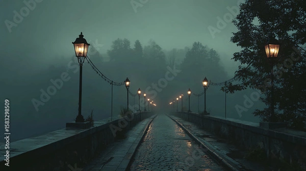 Fototapeta Lantern-lit bridge in foggy scenery