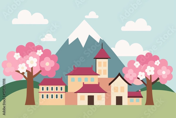 Obraz tranquil village nestled in cherry blossom trees