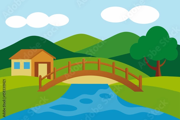 Fototapeta wooden bridge over a stream in a tranquil village
