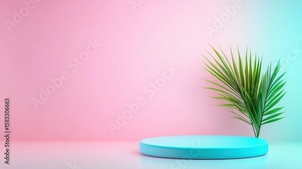 Fototapeta Vibrant Minimalist Studio Scene with Green Plant on Circular Stand and Pastel Background