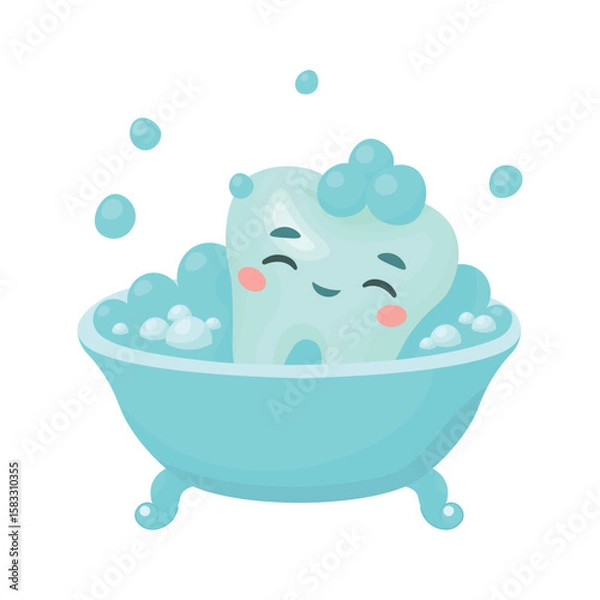 Obraz Vector illustration of a cute cartoon tooth taking a bubble bath in a tub. Concept of dental hygiene and daily oral care, perfect for educational posters and dental clinics.