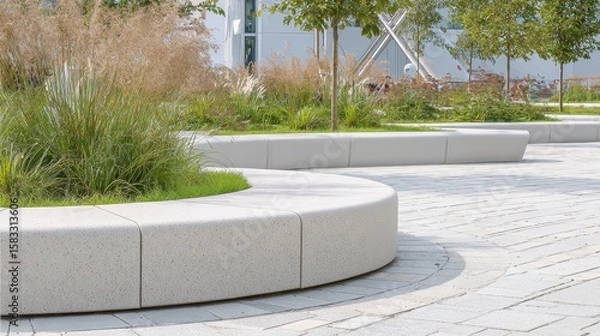 Fototapeta Circular concrete benches defining contemporary urban park design, complementing green landscaping and sleek paving with minimalist seating arrangement