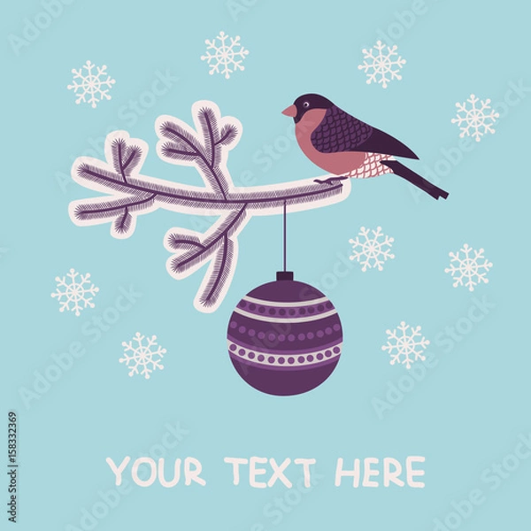 Fototapeta Christmas and New Year greeting card with a bullfinch and christmas decorations. Vector illustration.