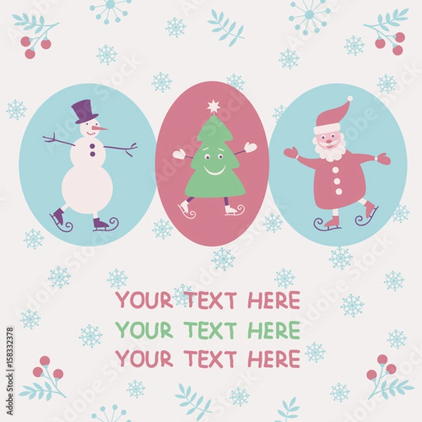 Fototapeta Christmas and New Year greeting card with Santa, snowman and smiling Christmas tree. Vector illustration.