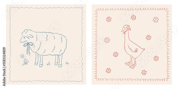 Fototapeta Cute vector prints with sheep wearing bow and goose in headscarf. Whimsical posters with farm animals. Line art cottagecore frames. Rural drawings for nursery, kids design
