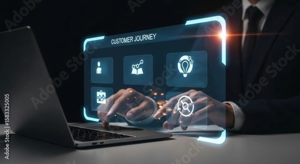Obraz Close-up of businessman interacting with digital screen showing customer journey insight, boosting satisfaction, journey tracking, experience, and revenue growth strategy