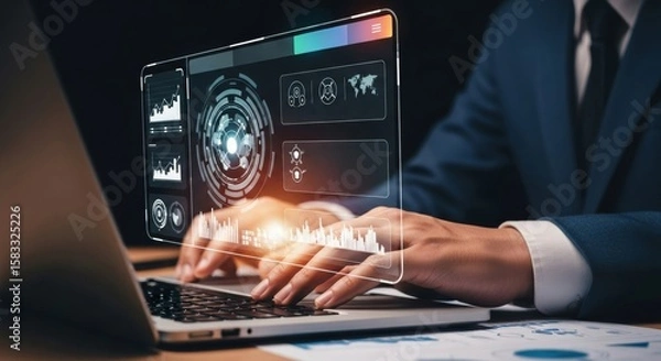 Obraz Businessman using a laptop with a holographic dashboard for planning digital marketing, e-commerce, social media targeting, and online advertising strategy.