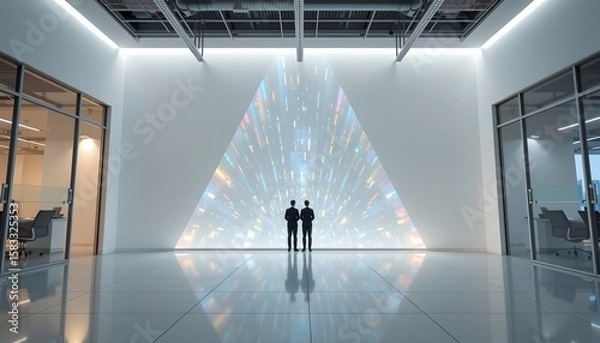 Fototapeta Futuristic Office with Holographic Display and City View