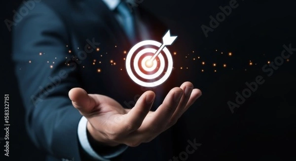 Obraz Businessman presenting glowing holographic target icon in hand, symbolizing business strategy, goal achievement, customer focus, and marketing growth planning