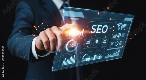 Obraz Close-up of businessman interacting with futuristic holographic SEO dashboard, showing analytics, ranking, traffic metrics, and marketing data for online optimization