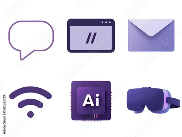 Fototapeta Six purple icons depicting a speech bubble, browser window, email, wifi, AI chip, and VR headset.