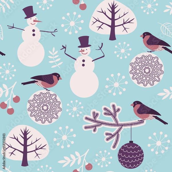 Fototapeta Seamless background with snowmen and bullfinches for winter and christmas theme. Vector illustration.