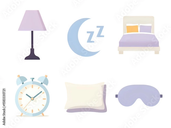 Fototapeta Flat design icons representing sleep essentials like a lamp, moon, bed, alarm clock, pillow, and eye mask.