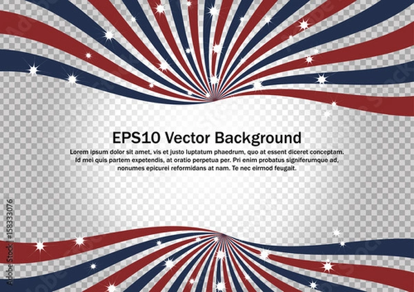 Fototapeta Red, Blue and White Radial Swirl with sparkling star vector background. Flag Sunburst on gradient transparent background for backdrop, banner or advertisement.