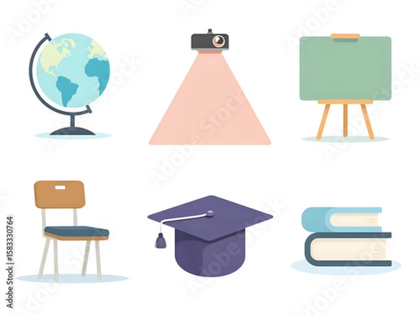 Fototapeta Flat design icons of various school supplies, including a globe, projector, chalkboard, chair, graduation cap, and books.