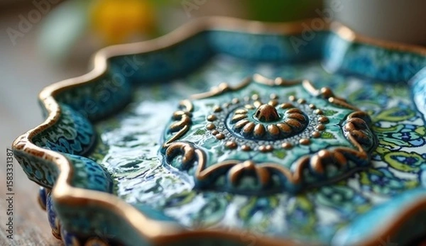 Fototapeta Close-up of a decorative ceramic plate with intricate oriental patterns in blue and gold. Perfect for themes of craftsmanship, culture, design, or home decor