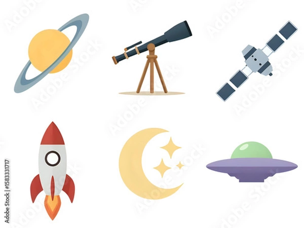 Fototapeta Flat icons depicting various space exploration and astronomy related objects.