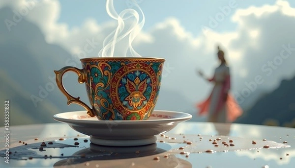 Fototapeta Surreal Coffee Cup with Ethereal Steam and Mystical Figure