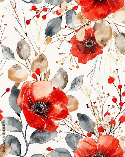 Fototapeta Watercolor Red Floral Background with Copy Space, Flower Graphic Design for Invitations