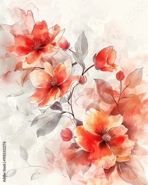 Fototapeta Watercolor Red Floral Background with Copy Space, Flower Graphic Design for Invitations