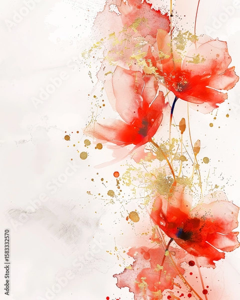 Fototapeta Watercolor Red Floral Background with Copy Space, Flower Graphic Design for Invitations
