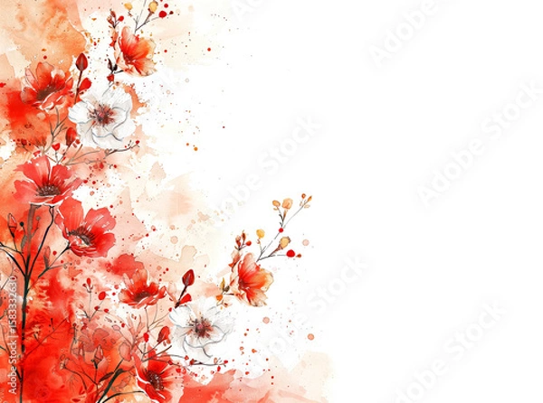 Fototapeta Watercolor Red Floral Background with Copy Space, Flower Graphic Design for Invitations