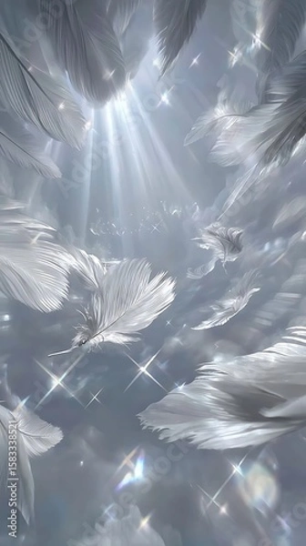 Fototapeta Soft white floating feathers and shimmering light bubbles on pale gray background, dreamy atmosphere with fantasy anime style and detailed textures, close-up top view composition designed