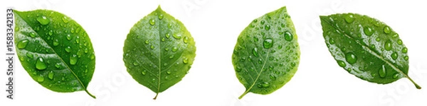 Fototapeta "Green Leaves and Water Droplets: A close-up of vibrant green leaves adorned with glistening water droplets, a serene scene of freshness, ideal for evoking tranquility.