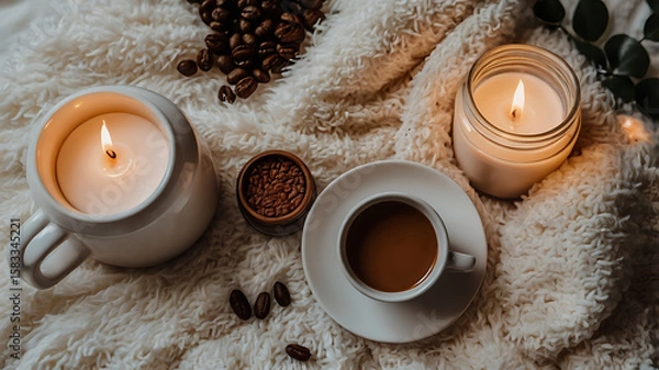 Fototapeta Flatlay of cozy night self-care essentials on a fluffy white blanket: ceramic coffee mug, face mask jar, glowing candles, and a journal. Warm lighting and soft textures. Perfect for relaxation themes,