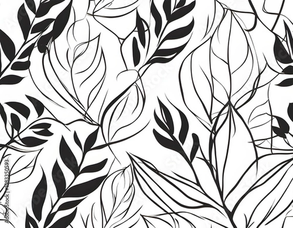 Obraz Monochrome leaves。 Continuous line drawing. Vector illustration.