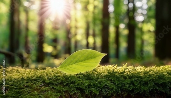 Fototapeta serene forest scene with soft blurred backgrounds and sharp focus on single leaf
