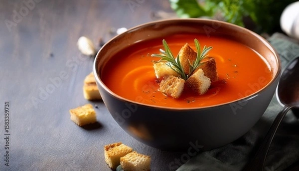 Fototapeta autumn soup delight a warm bowl of tomato soup beautifully adorned with golden croutons and fresh herbs captures the essence of a comforting fall meal a culinary photograph evokes warmth