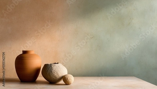 Obraz Terracotta pottery on light beige surface