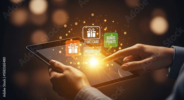 Fototapeta Online Shopping with Digital Tablet: E-Gift Card, Promo Code, Bonus Points. Modern Marketing Strategy, Loyalty Program, and E-commerce Concept.