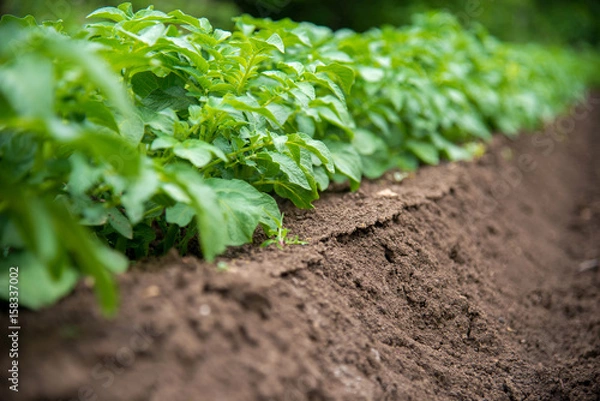 Fototapeta Rows of young potato plants on the field