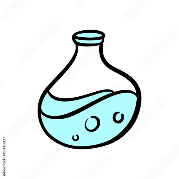Obraz Hand-Drawn Beaker Cartoon Vector – Science Lab Flask with Liquid in Fun School Style