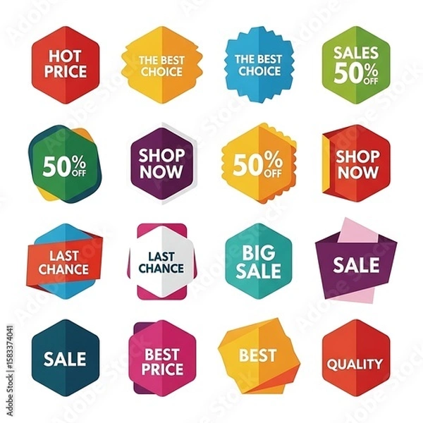 Fototapeta Vibrant array of geometric sale icons a colorful dance of red yellow and purple capturing discounts and shopping