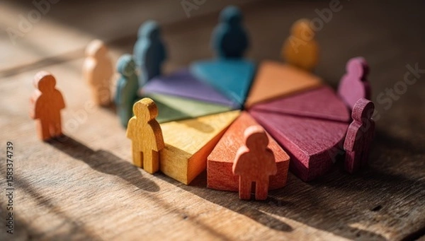 Obraz Colorful wooden pie chart surrounded by miniature people