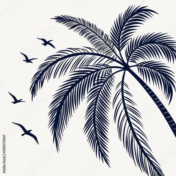Fototapeta Vector art of a tropical palm tree with birds flying isolated on white background