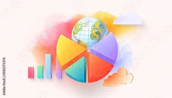 Obraz Colorful pie chart with globe, surrounded by abstract shapes and soft colors