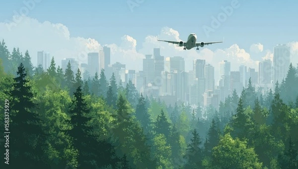 Obraz Airplane over city, forest backdrop
