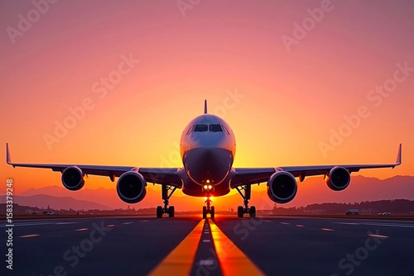 Fototapeta Sunset Airplane on Runway, Symmetrical Aviation Still Life Under Golden Sky