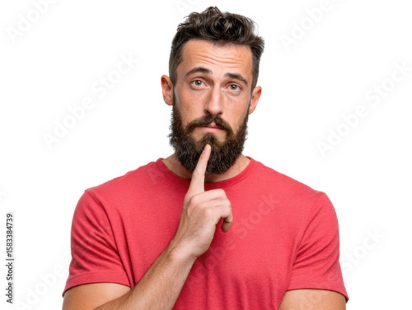 Obraz Contemplative Expression: A man with a thoughtful expression, gazing directly at the viewer with his hand poised near his face, exudes a sense of reflection and introspection.